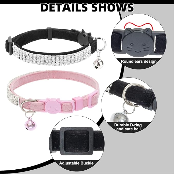 EXPAWLORER Soft Velvet Safe Cat Collars for Girl Cats - Rhinestones Bling Diamante Adjustable Collars Breakaway- Chirstmas Cat Clollar Gifts with Bells for Boy Cats Kitty and Small Dogs