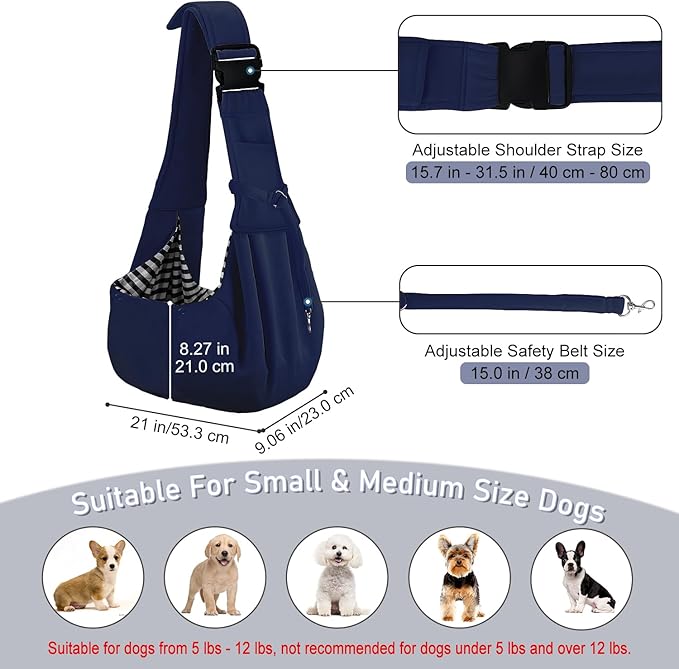 PETLOFT Reversible Dog Cat Sling Carrier, Small Dog Carrier, Adjustable Dog Sling, Hands Free Cross Body Carrier with Collar Hook for Dog/Cat/Bunny up to 11lb (Blue)