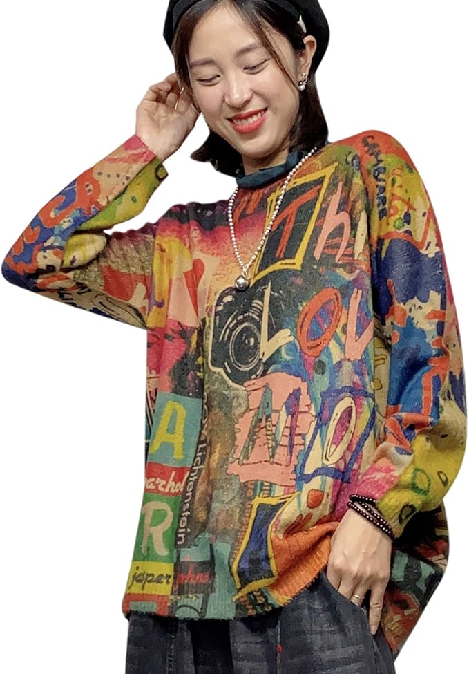 YESNO Women Christmas Sweater Graphic Printed Oversized Pullover Sweaters Casual Loose Knit Tops S01