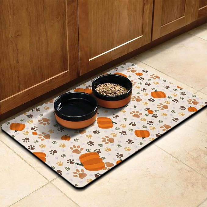 Fall Pumpkin Dog Food & Water Mat, Paw Prints Autumn Pet Feeding Mat for Floor Non-Slip Waterproof, Super Absorbent Cat Bowl Mat, Easy to Clean Eco-Friendly Durable Pet Placemat,12" × 20"