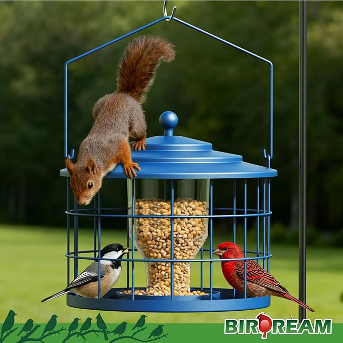 Squirrel Proof Bird Feeder, Metal Cage Bird Feeder for Outdoors Hanging, Starling Resistant Design for Small Birds, Weatherproof with Drain Holes, Easy to Refill, Blue