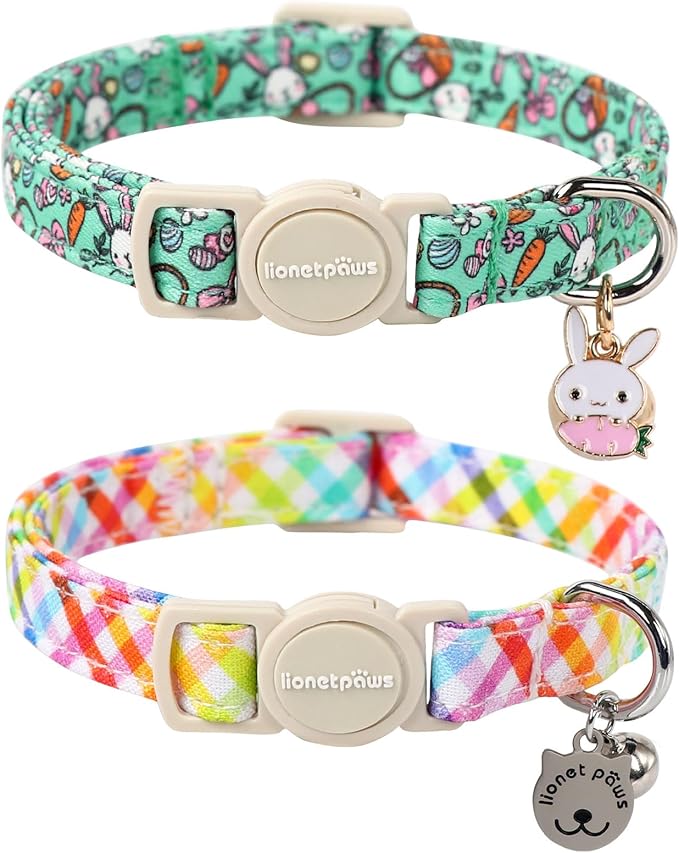 Lionet Paws 2pcs Pack Easter Cotton Cat Collar,Breakaway Buckle with Rabbit and Colorful Eggs Cute Adjustable Green Cat Kitten Collar,Ideal for Girl Cats Boy Cats