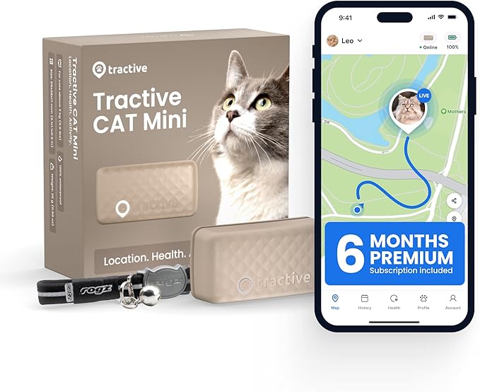 Tractive Smart Cat GPS Tracker with Free 6 Month Subscription | Real-Time Location & Wellness Monitoring for Cats 6.5 lbs+ | Territory & Location History | Up to 5-Day Battery (Brown)