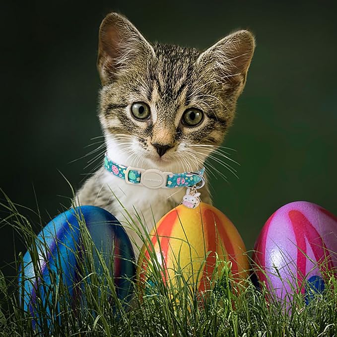 Lionet Paws 2pcs Pack Easter Cotton Cat Collar,Breakaway Buckle with Rabbit and Floral Eggs Cute Adjustable Green Cat Kitten Collar,Ideal for Girl Cats Boy Cats