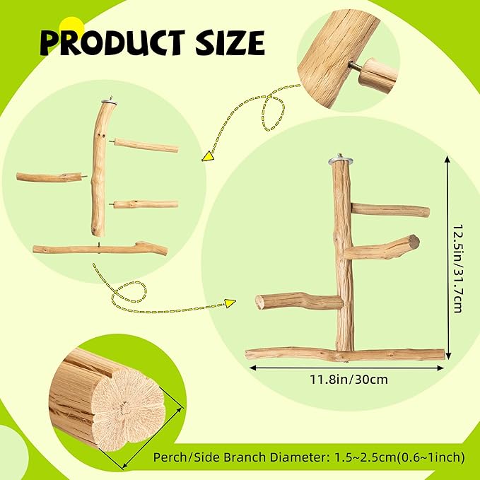 Natural Wood Bird Perch & Play Stand for Parakeets/Cockatiels - Multi-Level Cage Accessory with Training Branch