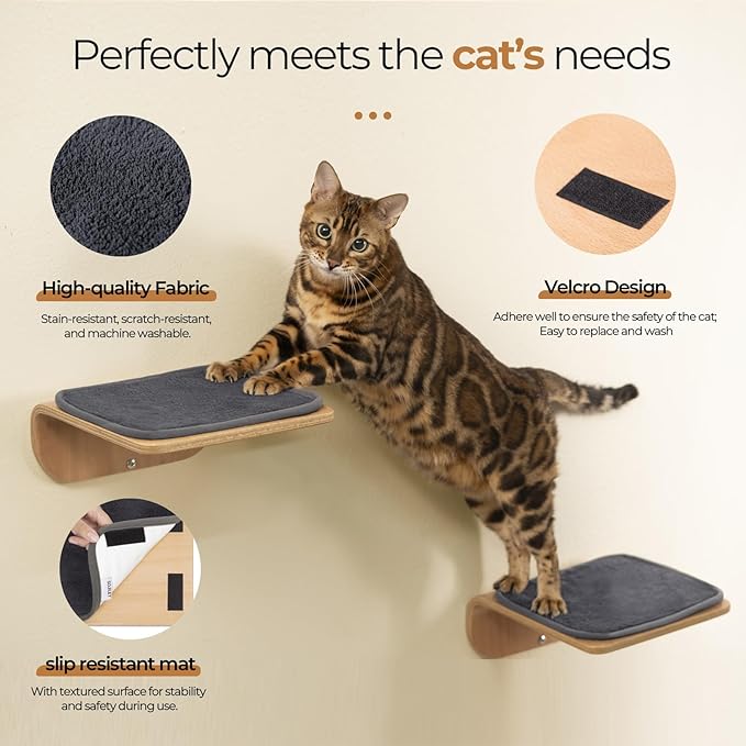 Cat Wall Shelves for Cat Wall Steps, Perch, Ladder, Wooden Floating Modern Mounted Space Saving Furniture with Scratching Cushion Removal Cover for Climbing, Jumping and Sleeping(Steps & Hammock)