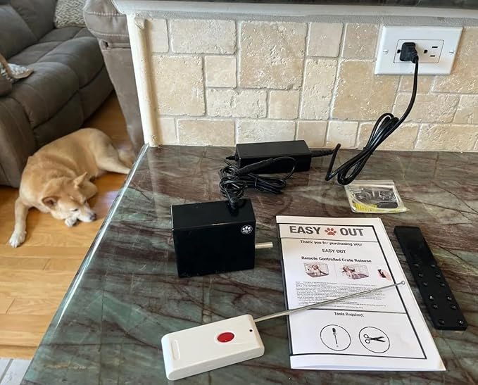 Easy Out Automated Pet Crate Opener for Single or Double Latch Crates, Activated by Remote Control or Wi-Fi Smart Plug, Model EODP2