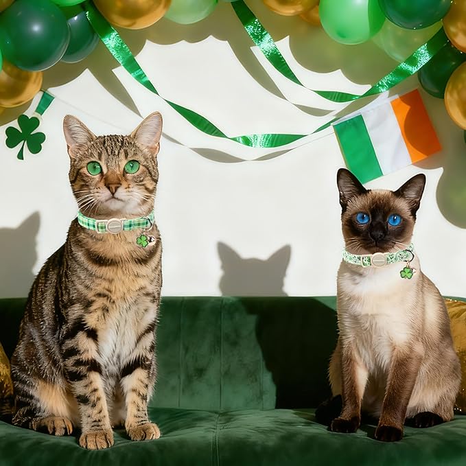 2 Pack St. Patrick's Day Cat Collars, DOGWONG Spring Green Shamrock Cat Collars with Safety Buckle for Cats