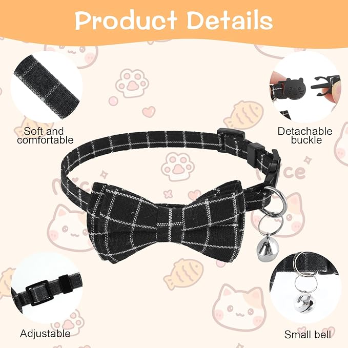 Jeffdad 2Pcs Cat Collar Breakaway, Cat Collar with Bells Bowtie Plaid Cat Collar Adjustable for Kitten Puppy and Small Pets (Black and Gray Plaid)
