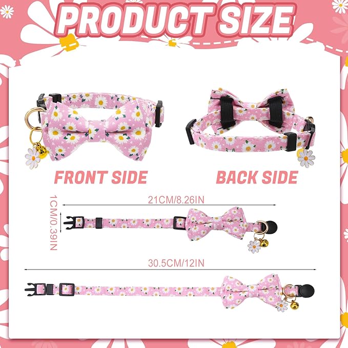 6 Pack Breakaway Cat Collars with Bow Tie and Bell Floral Kitten Cat Collars Adjustable Cat Bowtie Collar with Pendants for Girl Boy Kitten Cats