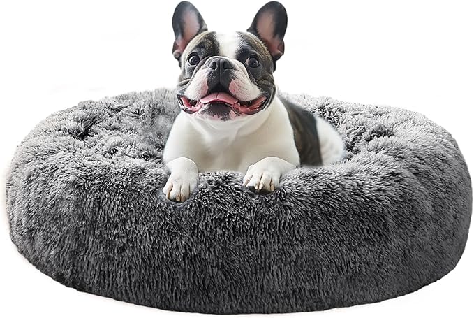 JOLLYVOGUE Calming Dog Bed Large Size Dog, Anti-Anxiety Donut Large Pet Bed, 36 inches Fluffy Faux Fur Round Cat Bed, Fits up to 75 lbs Pets (Smoke Black)
