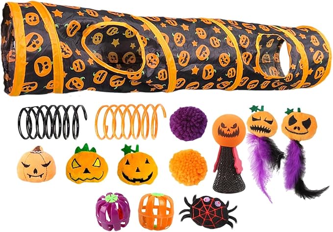 Interactive Cat Play Tunnels - Halloween Peekaboo Cat Cave with Toys, Cats Engaging Activity Center | Interactive Toy & Activity Center for Indoor Cats, Kittens, Small Animals, Playing & Stimulation