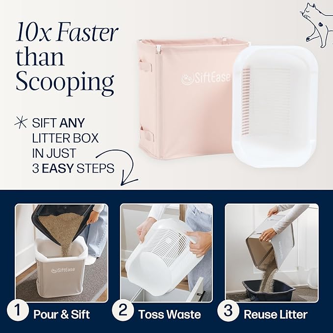 Cat Litter Sifter - SiftEase Sifting Litter Box Cleaner, Fast & Easy Scoop Free Cleaning, Large Sifter with Bin for Longer Lasting Litter (Pink)