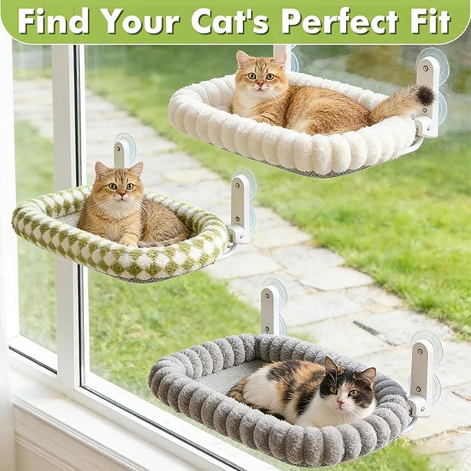 Cat Window Perch with Bolster, Cordless Foldable Cat Window Hammock with Strong Suction Cups & Metal Frame, Machine Washable Pet Bed for Indoor Cats (Green, Medium)