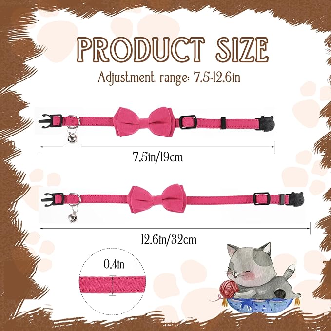 Sliverdew 2 Pcs Kitten Bow Tie Collar with Bell Cute Cat Collar for Girl Boy Cats Breakaway Cat Collars Adjustable Small Puppy Safety Collar Solid Color Plaid Pet Collar (Pink)