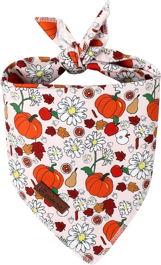 Fall Dog Bandana – Beige Pumpkin Floral Triangle Scarf for Small Medium Large Dogs, Soft Cotton Pet Bib for Autumn Thanksgiving, Adjustable Dog Kerchief for Seasonal Daily Wear