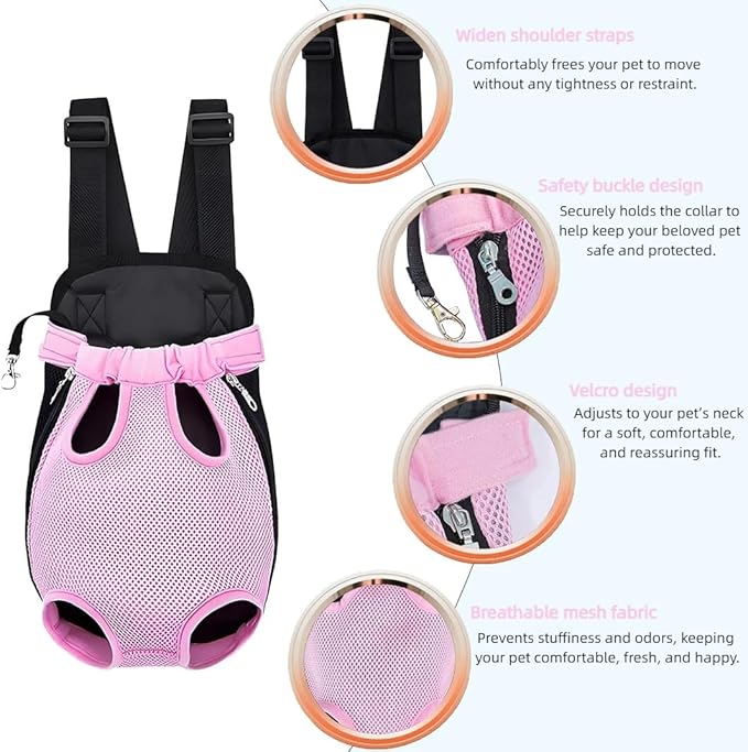 Pet Dog Carrier Backpack, Portable Breathable Mesh Chest Carrier, Polyester Woven Double Shoulder Pet Bag for Outdoor Adventures (Pink, Large)