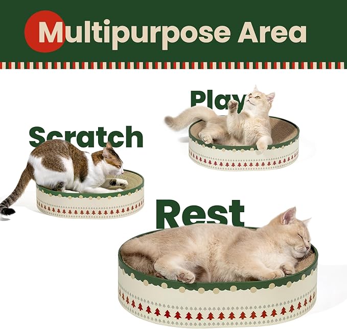 Cat Scratcher Bed, 2 in 1 Oval Cat Scratching Board for Indoor Kitty Scratch Pad Corrugated Cardboard Lounge Bowl Nest Couch Sofas for Kittens, Includes Cat Toy, Christmas
