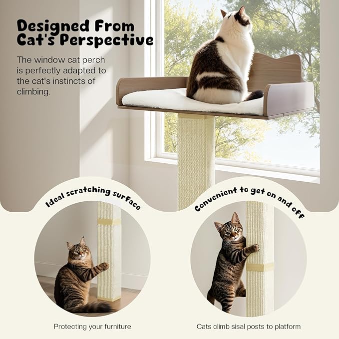 Cat Window Perch with Thick Sisal Scratching Post, Cats Hammock for Window with 3 Upgrade Suction Cups, 55" Adjustable Tall Cat Scratching Post with Large Perch, Cats Window Bed with Fluffy Cushion