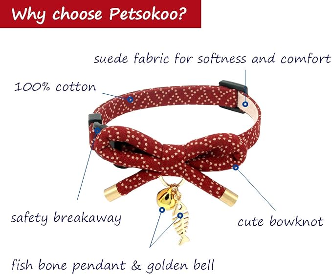 PetSoKoo Cute Bowtie Cat Collar with Bell. Japanese Stylish Bowknot & Fish Charm. Safety Breakaway, Soft, Lightweight, for Girl Boy Male Female Cats Kitten,Red
