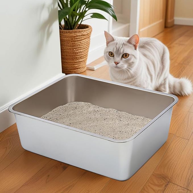 Stainless Steel Litter Box,Metal Cat Litter Box,Medium Cat Litterbox for Kitty or Rabbits, No Smell, Non Stick, Easy to Clean(17.7" L x 13.77" W x 6" H)