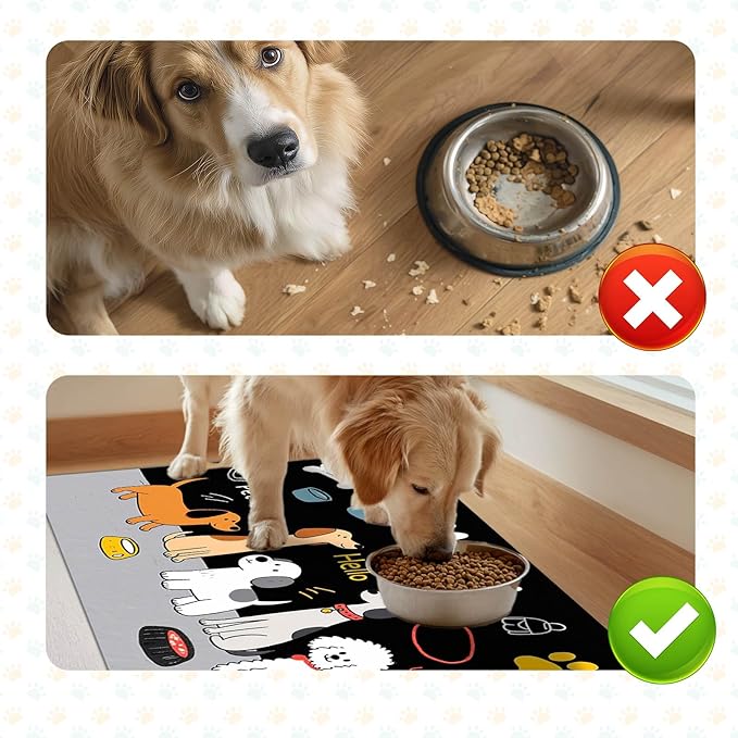 Funning My Pet Dog Pattern Dog Feeding Mat Pet Food Mat for Dogs and Cats Cute Puppy Design Pet Bowl Mat with Bone Paw and Non Slip Cat Feeding Mats for Home Kitchen Floor 20" x 12"