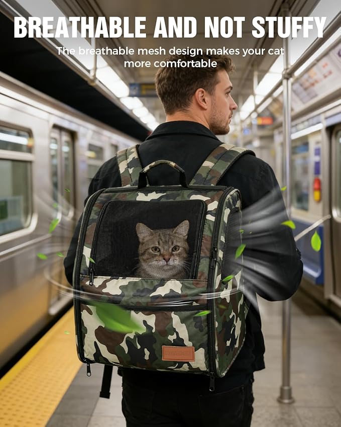 PETUX Cat Backpack Carrier for Small Cat ＆ Dog up to 12 lb - Camouflage Style, Escape-Proof, Widened Interior, 3 Side Breathable Soft Sided Dog Backpack Carrier for Travel, Hiking and Vet - Green