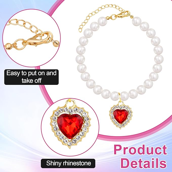 2pcs Pearl Collar for Cat Puppy, Small Cute Heart Shape Rhinestone Pet Necklace, Adjustable Wedding Party Pet Jewelry Accessories for Puppy Kitten- Blue & Red