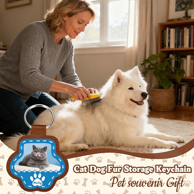Custom Leather Pet Fur Keychain – Personalized Memorial Keepsake Keyring for Friend, Dog Cat Hair Sympathy Gifts﻿