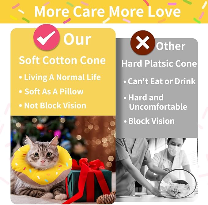 Cat Cone Collar Soft, Waterproof Cat Recovery Collars Spay Cones to Stop Licking Cute Donut E Collar After Surgery Anti-Lick Wound Healing Safety Elizabethan Collar for Kittens (Donut Yellow, Large)