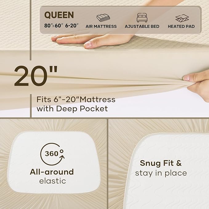 OhGeni 100% Waterproof Mattress Protector, Queen-Beige Size Mattress Pad, Fits 6"-20" Mattresses with Deep Pocket, Cooling, Breathable Fitted Sheets, Soft Bed Cover, Noiseless, Machine Washable