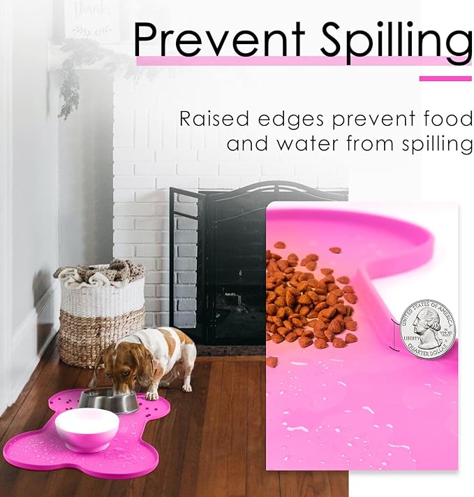 Super Design Dog Food Mat Dog Bowl Mat for Food and Water Silicone Non Spill Cat Feeding Mat Puppy Placemat Waterproof - 20.5" x 14.5", Rose