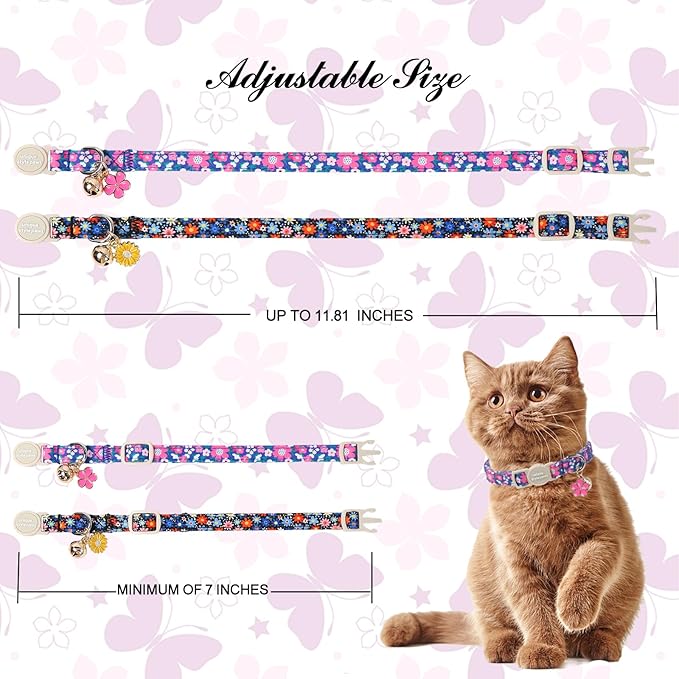 Unique Style Paws Blue Flower Cat Collar,Flower Cat Collars,Blue Kitten Collar Breakaway Buckle,Adjustable Spring Summer Puppy Collar,Ideal Gift for Boy Girl Cats