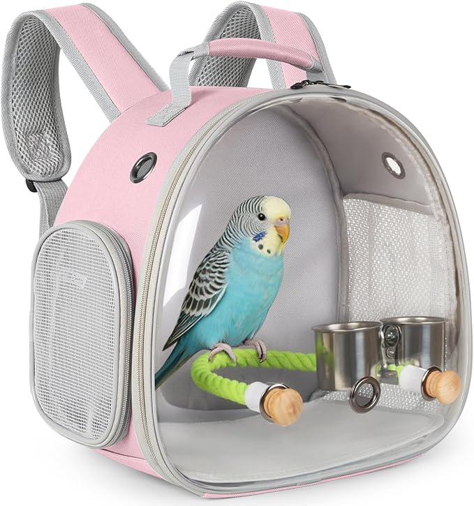 Small Bird Travel Backpack Carrier Cage with Cups, Backpack to Transport Backpack Carrier with Clamp Cups Stand Perch for Parakeet Cockatiel Budgies Vet Carry Book Bag Pink