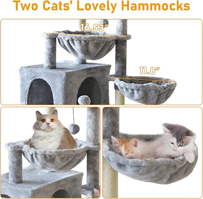 KIYUMI Cat Tree Cat Tower Condo with Sisal Scratching Post for Indoor Cats Cat Tree Cat Furniture with Hammock Perch and Kitten Ball Toys, Multi-Level Pet Activity Center Grey