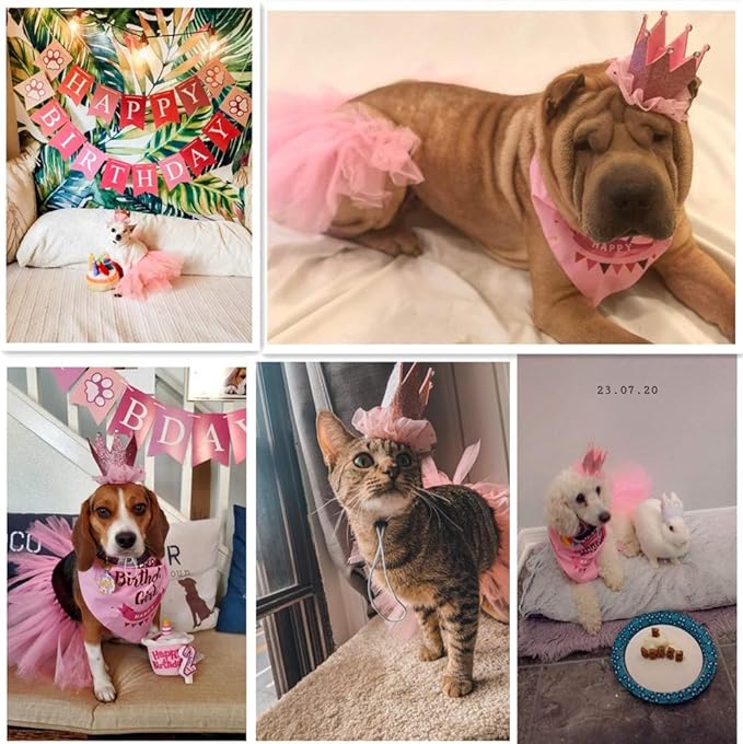 ADOGGYGO Dog Birthday Hat Bandana Girl - Pet Birthday Party Supplies - Pink Dog Tutu Hat Scarf Banner Set for Medium Large Dogs (Large)