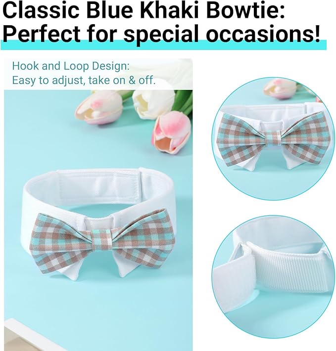 Segarty Dog Bow Tie Neck Girth 10.2-12.6in, Adjustable Blue Khaki Plaid Bowtie Collar for Dog, Medium Necktie Tuxedo Comfortable Cotton Pet Grooming Accessory for Formal Wedding Holiday Birthday Party