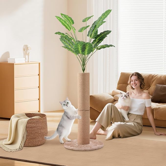 62 Inch Tall Cat Scratching Post with Bed, Banana Leaf Tree Scratching Posts for Indoor Cats Adults, Modern Artificial Plants Scratcher Post with Foldable Woven Cat Basket for Home Decor