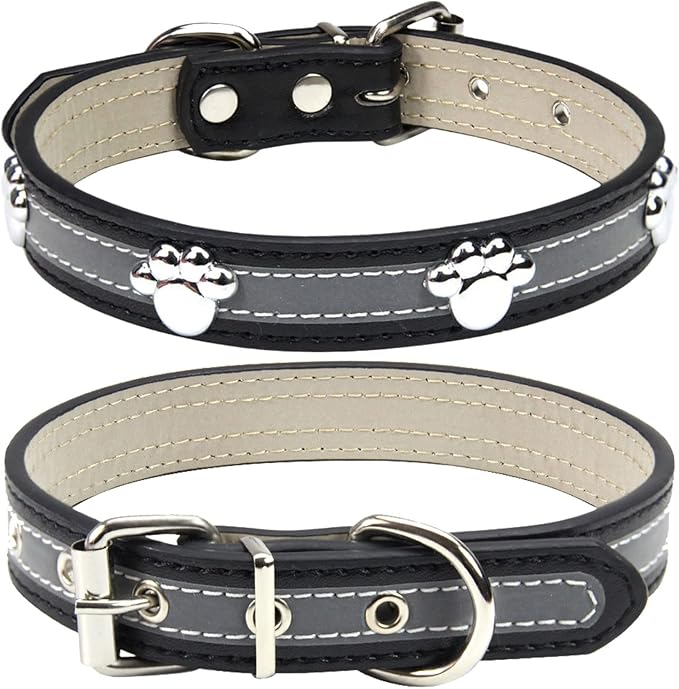 PETCARE Reflective Dog Collar with Cute Paw Rivet Studded Funny Soft PU Leather Adjustable Puppy Dog Collars for Small Medium Large Dogs Cats (Black,Large)