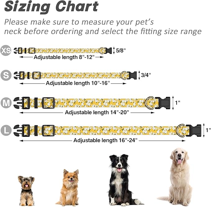 Reflective Dog Collar for Medium Dogs, Cute Flower Theme Adjustable Heavy-Duty Nylon Puppy Collar for Boy and Girl Female, Soft Pet Accessories with Quick Release Buckle, Yellow