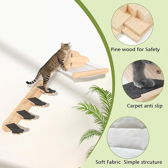 Wall Mounted Cat Hammock with 3 Climbing Steps,Pine Wood Cat Climbing Shelves & Perches up to 30lbs,Kitty Wall Shelf Furniture for Indoor Sleeping, Lounging,Climbing and Playing