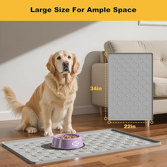 Pieviev 34''x22'' Dog Cat Food Bowl Mat, Silicone Waterproof Food Grade Pet Food Mat for Floor, High Raised Edge to Prevent Spills, Non-Slip & Easy Clean Pet Placemat for Dog & Cat Bowls, Light Gray