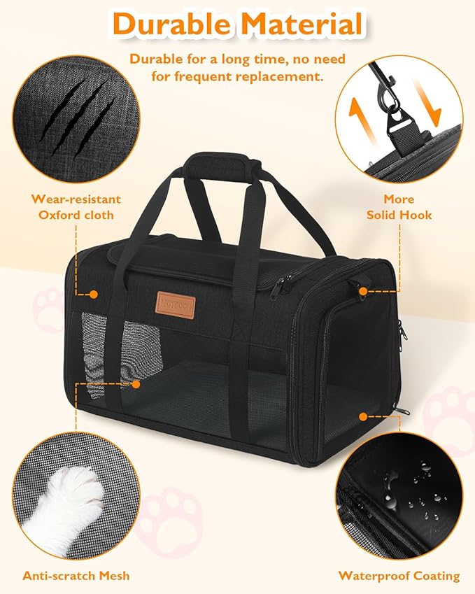 PETUX Airline Approved Pet Carrier - 17x11x9.5 in, Underseat, Top & Side Entry, Soft Sided Cat Dog Carrier for Small Cat & Dog Up to 12 lbs with Breathable Anti-Scratch Mesh for Travel & Vet - Black