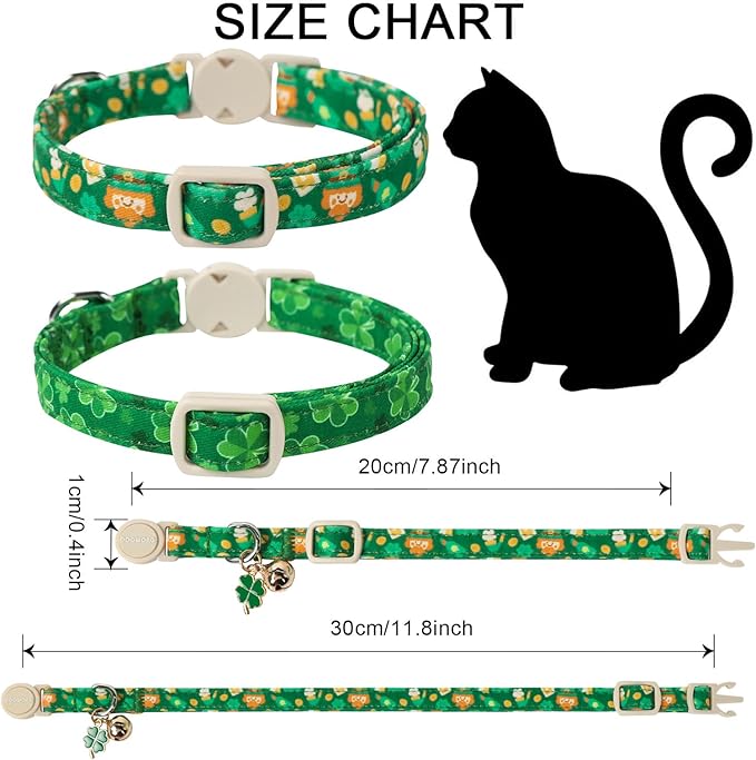 Cat Collar,2 Pack St.Patrick's Day Cat Collars Breakaway with Bell, DOGWONG Safety Buckle Cat Collar Green Trefoil Cat Collar for Girl Boy Cats，Adjustable 7-12 Inch
