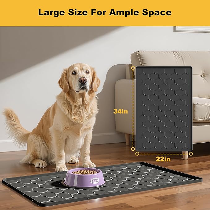 Pieviev 24''x16'' Dog Cat Food Bowl Mat, Silicone Waterproof Food Grade Pet Food Mat for Floor, High Raised Edge to Prevent Spills, Non-Slip & Easy Clean Pet Placemat for Dog & Cat Bowls, Black