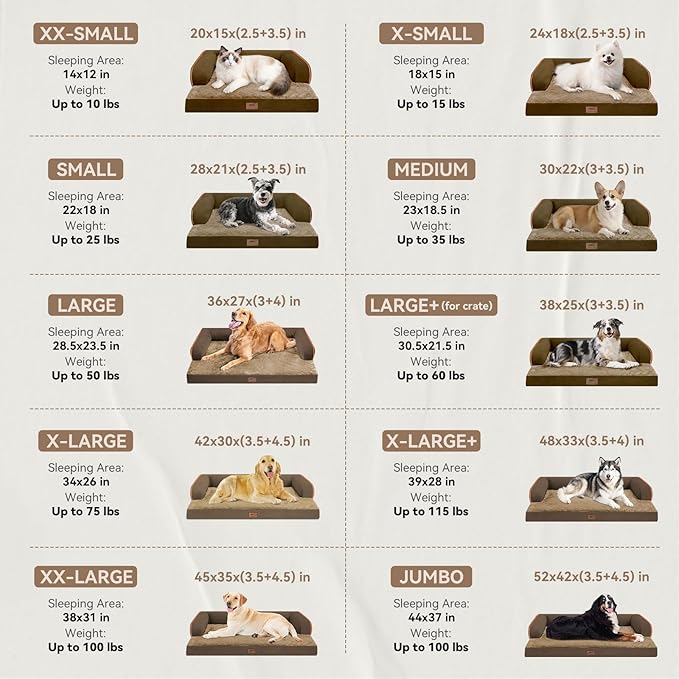 Large Dog Bed Orthopedic Washable: Extra Brown XL XLarge Big Dog Bed with Washable Bolster & Memory Foam Couch Sofa - Waterproof with Removable Cover