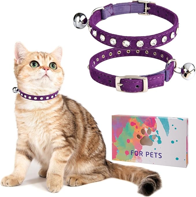 Rhinestone Cat Collar Breakaway with Bell, Diamond Cat Collar with Safety Buckle Quick Release for Girl Boy Small Kitten Pets Puppy,Cute Soft Cat Collars, Color Diamond Purple 8-10.5"