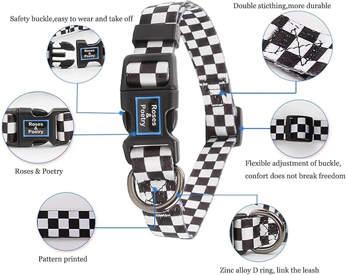 Roses&Poetry Dog Collar with Colourful Checkered Patterns, Adjustable Durable Puppy Collars for Small Medium Large Dogs (Black & White-XS)