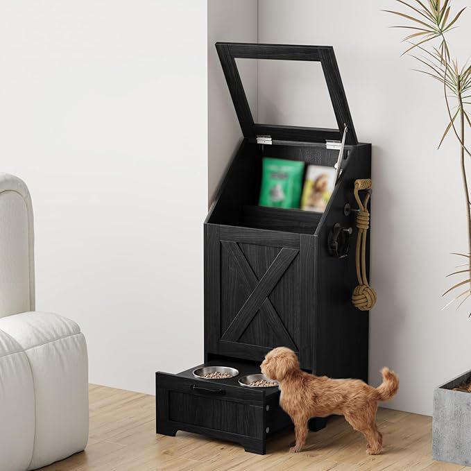 Dog Feeding Station with Storage Cabinet and 2 Elevated Dog Bowls, Hidden Pet Food Storage Organizer for Dog &Cat,Modern Dogs Furniture (Black)