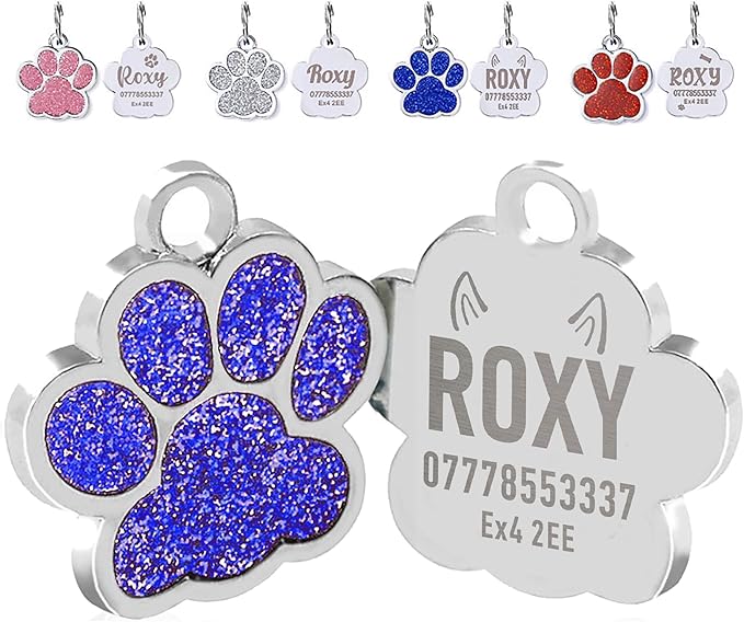 EDSG Cat Dog Tags Personalized for Pets, Dog Name Tags Cat Name ID Tag, Engraved Dog Tags Dog ID Tags Small Glitter Bling ID Tag Paw Print for Cat Pet Dog Puppy(Blue,Design 3)